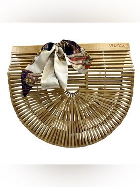 Vintga Bamboo Arc Bag Wooden Handbag w/ Scarf Boho Summer Tote